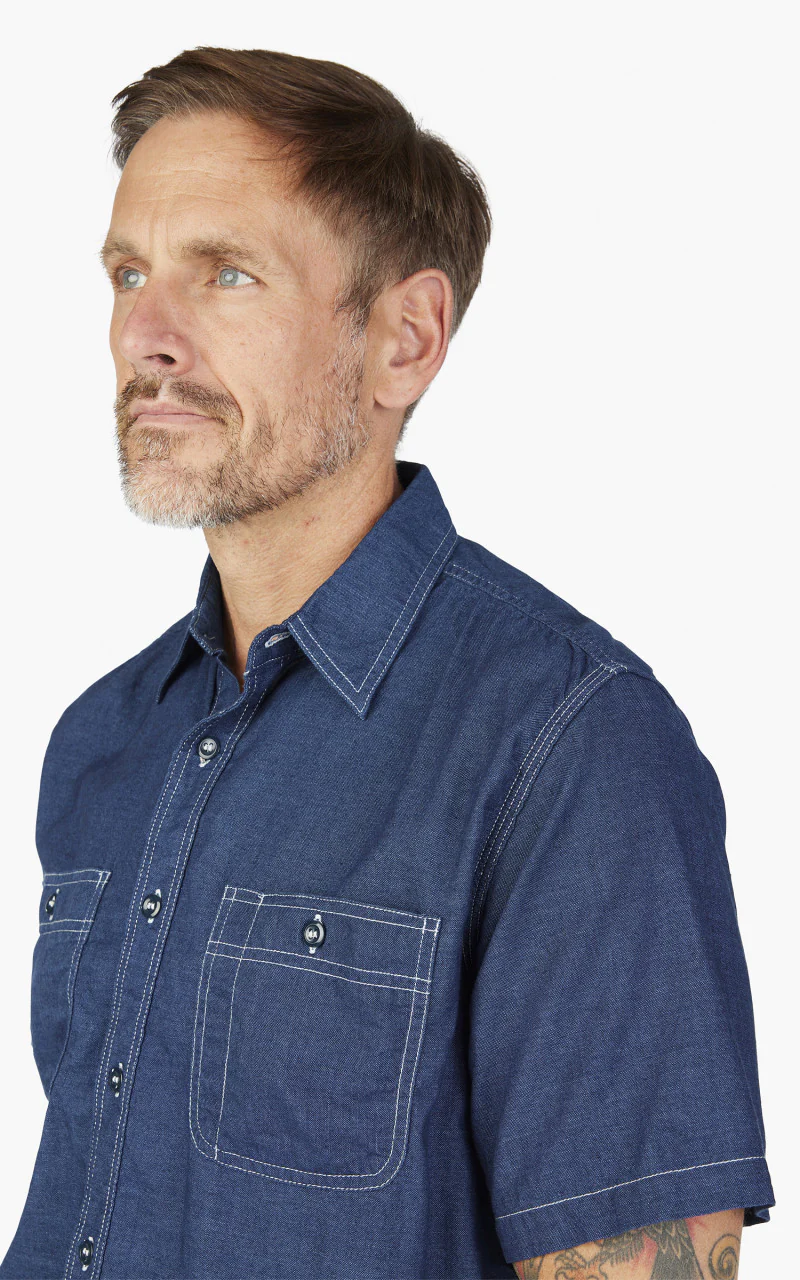 Beams Plus Short Sleeve Work Shirt Chambray Indigo - Image 7