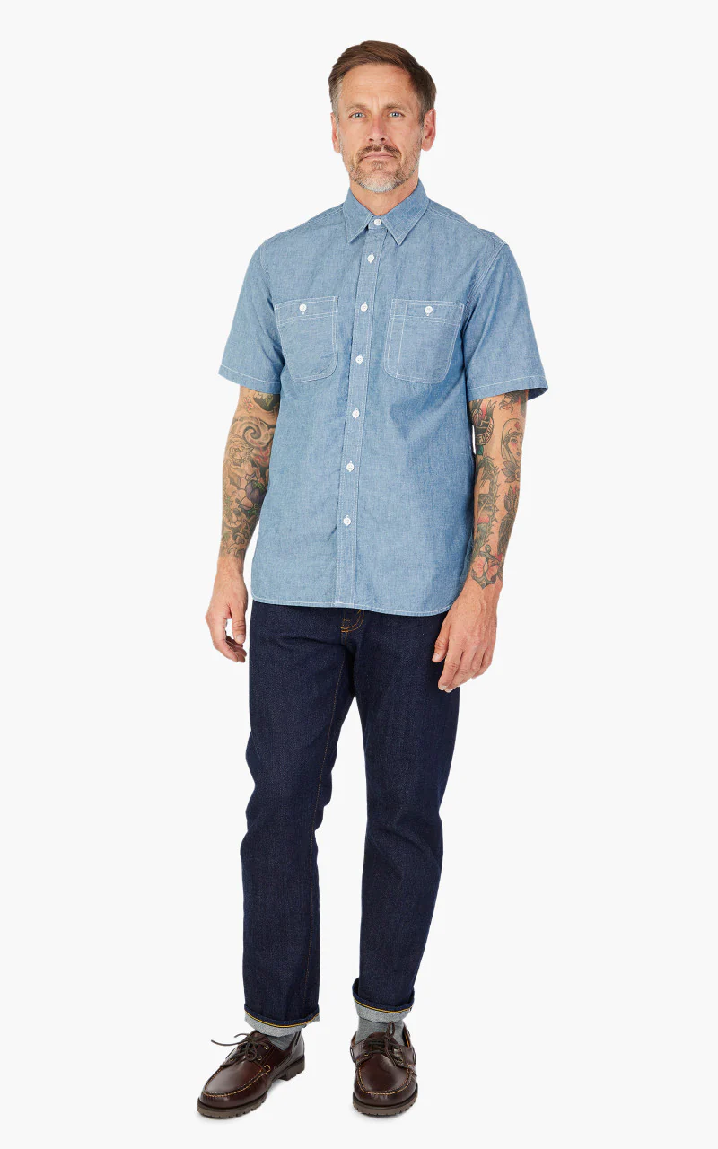 Beams Plus Short Sleeve Work Shirt Selvedge Chambray Sax - Image 2
