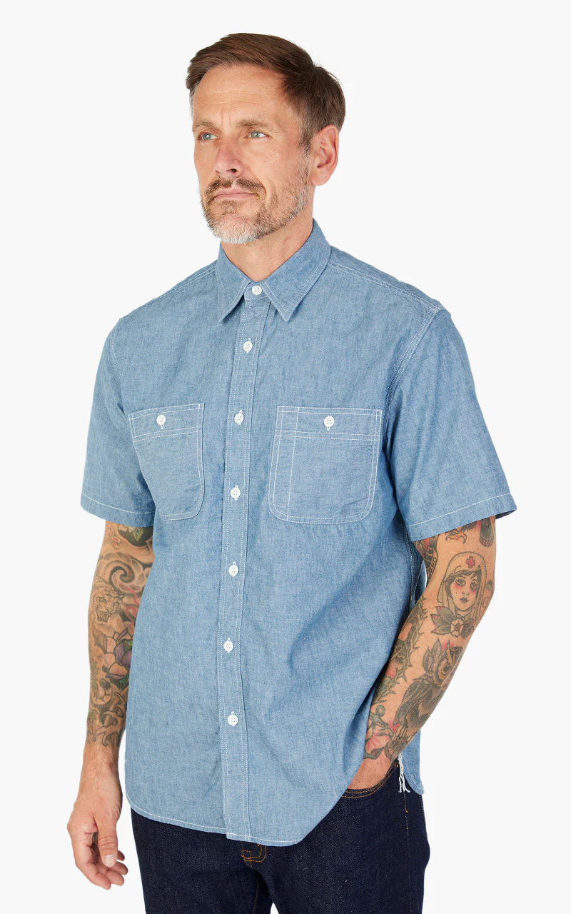 Beams Plus Short Sleeve Work Shirt Selvedge Chambray Sax - Image 4