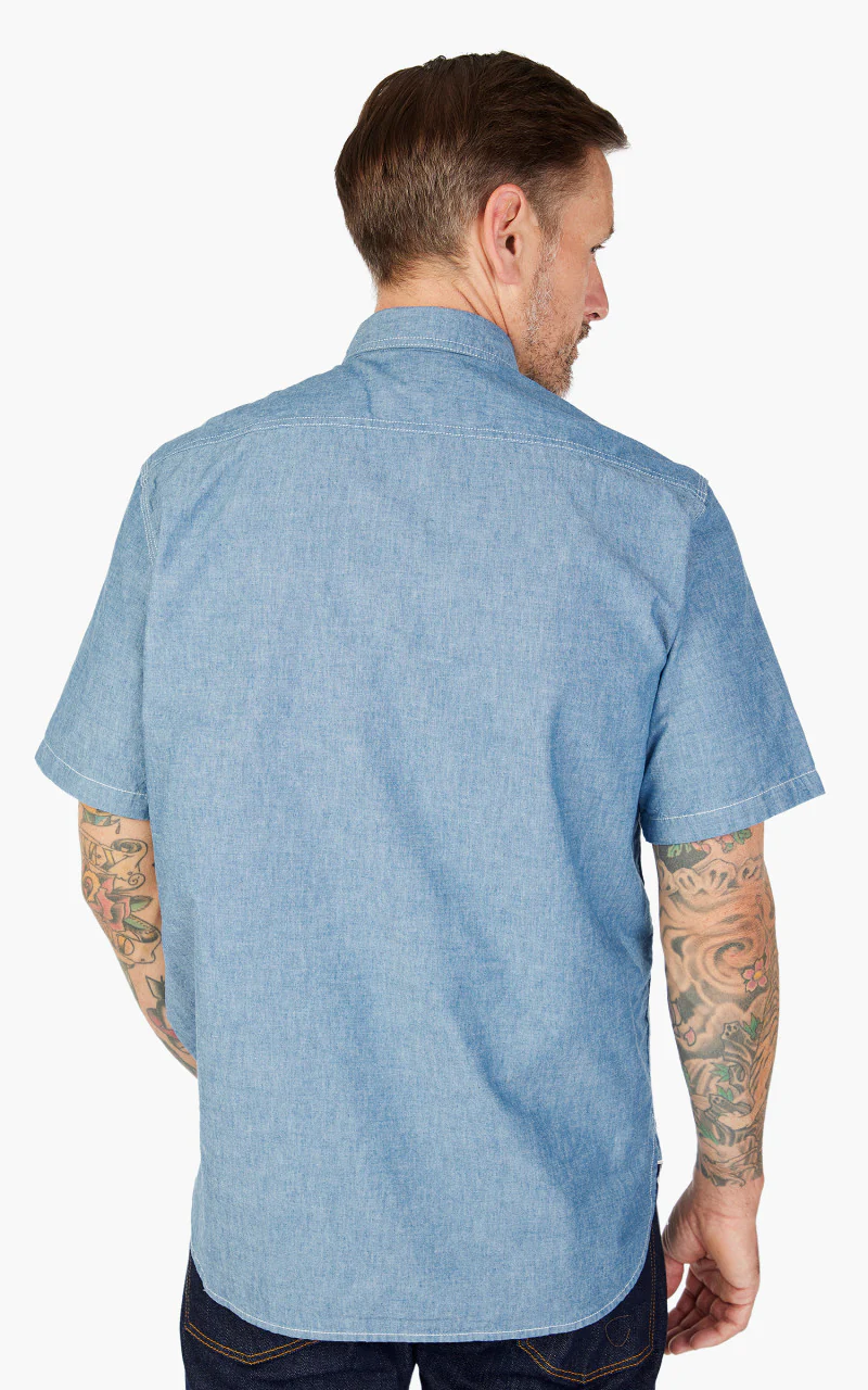 Beams Plus Short Sleeve Work Shirt Selvedge Chambray Sax - Image 5