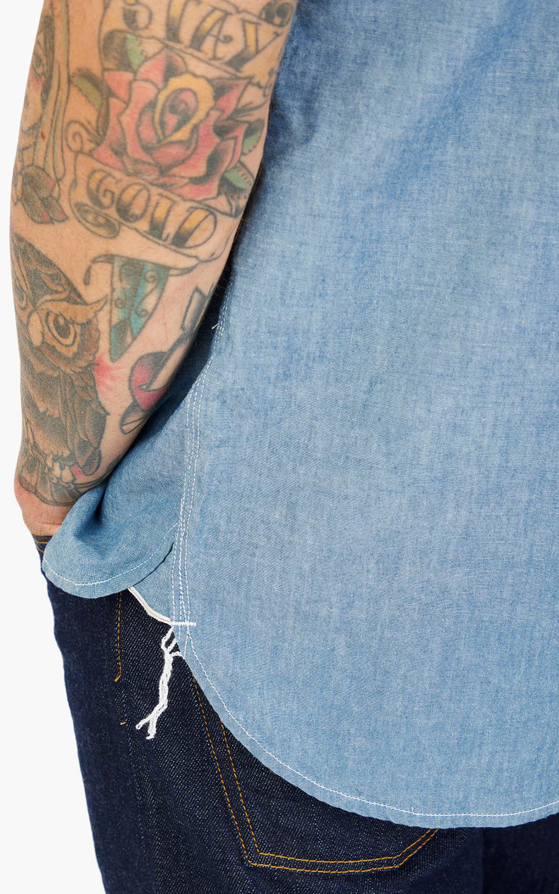 Beams Plus Short Sleeve Work Shirt Selvedge Chambray Sax - Image 6