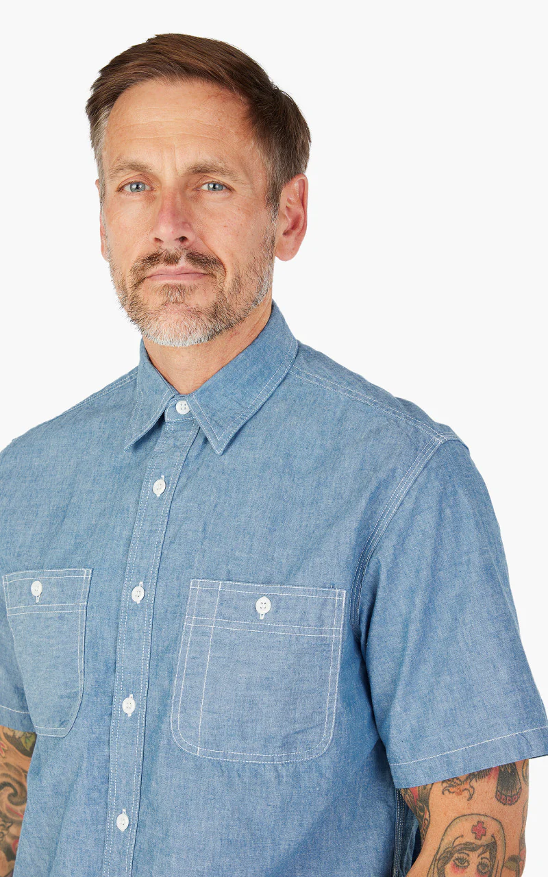 Beams Plus Short Sleeve Work Shirt Selvedge Chambray Sax - Image 7