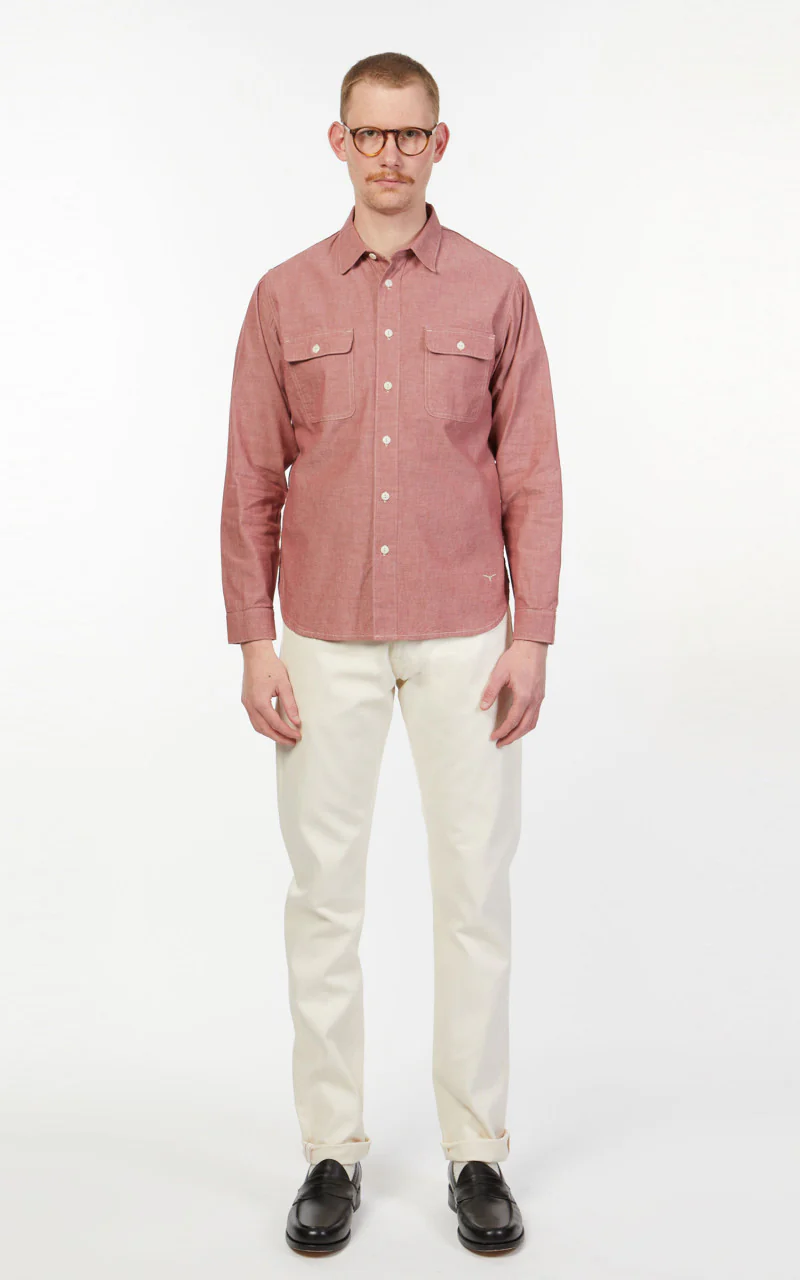 Benzak BWS-01 Work Shirt Red Organic Cotton Selvedge Chambray 5oz - Image 2