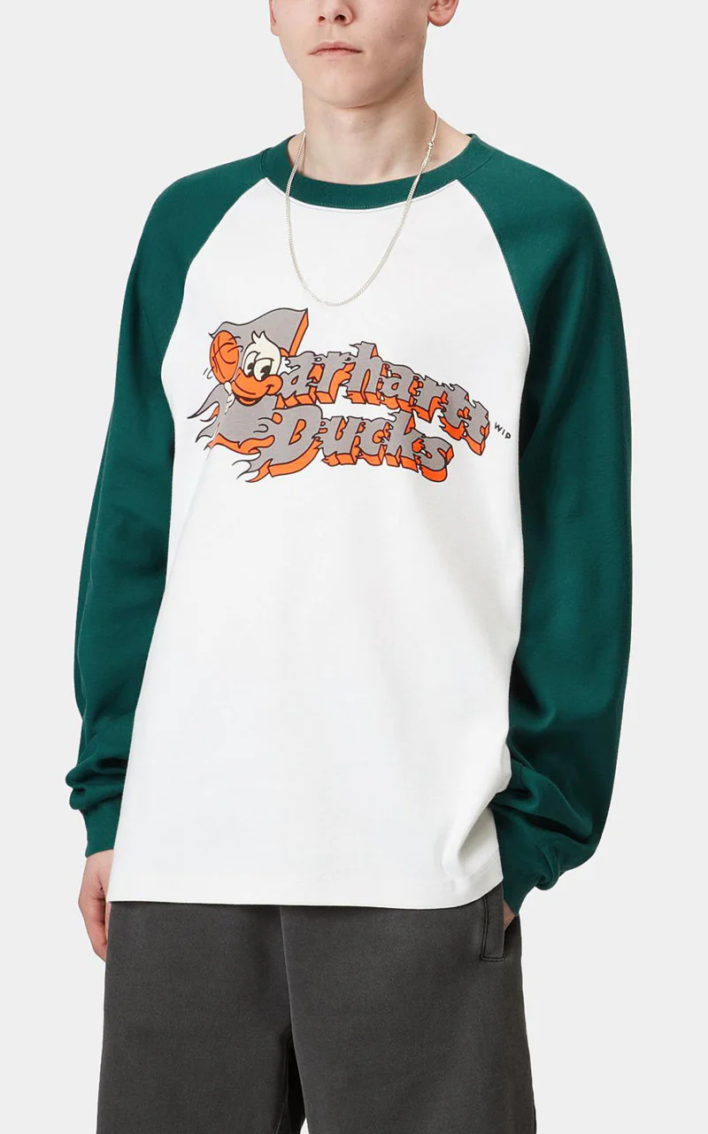 Carhartt WIP L/S Flaming Ducks Baseball T-Shirt White/Rainforest - Image 2