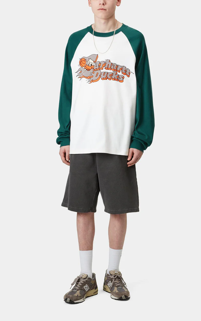 Carhartt WIP L/S Flaming Ducks Baseball T-Shirt White/Rainforest - Image 3