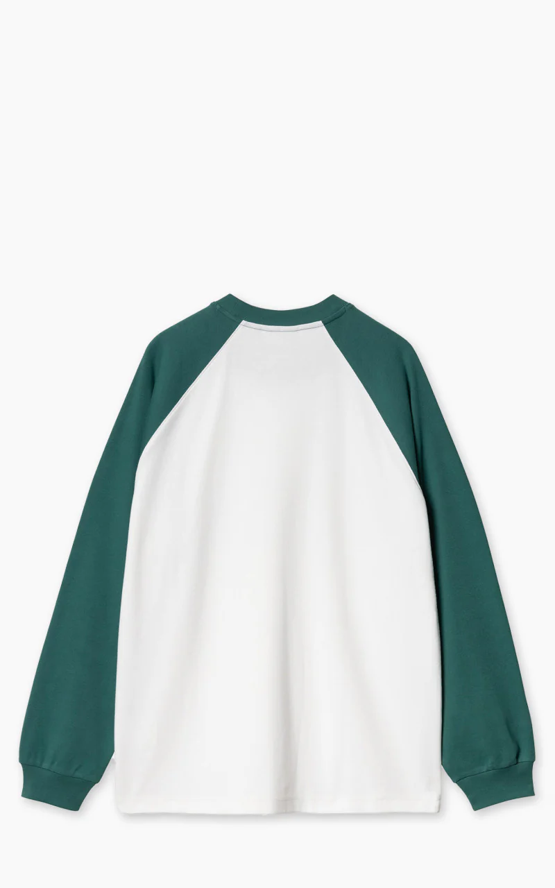Carhartt WIP L/S Flaming Ducks Baseball T-Shirt White/Rainforest - Image 5