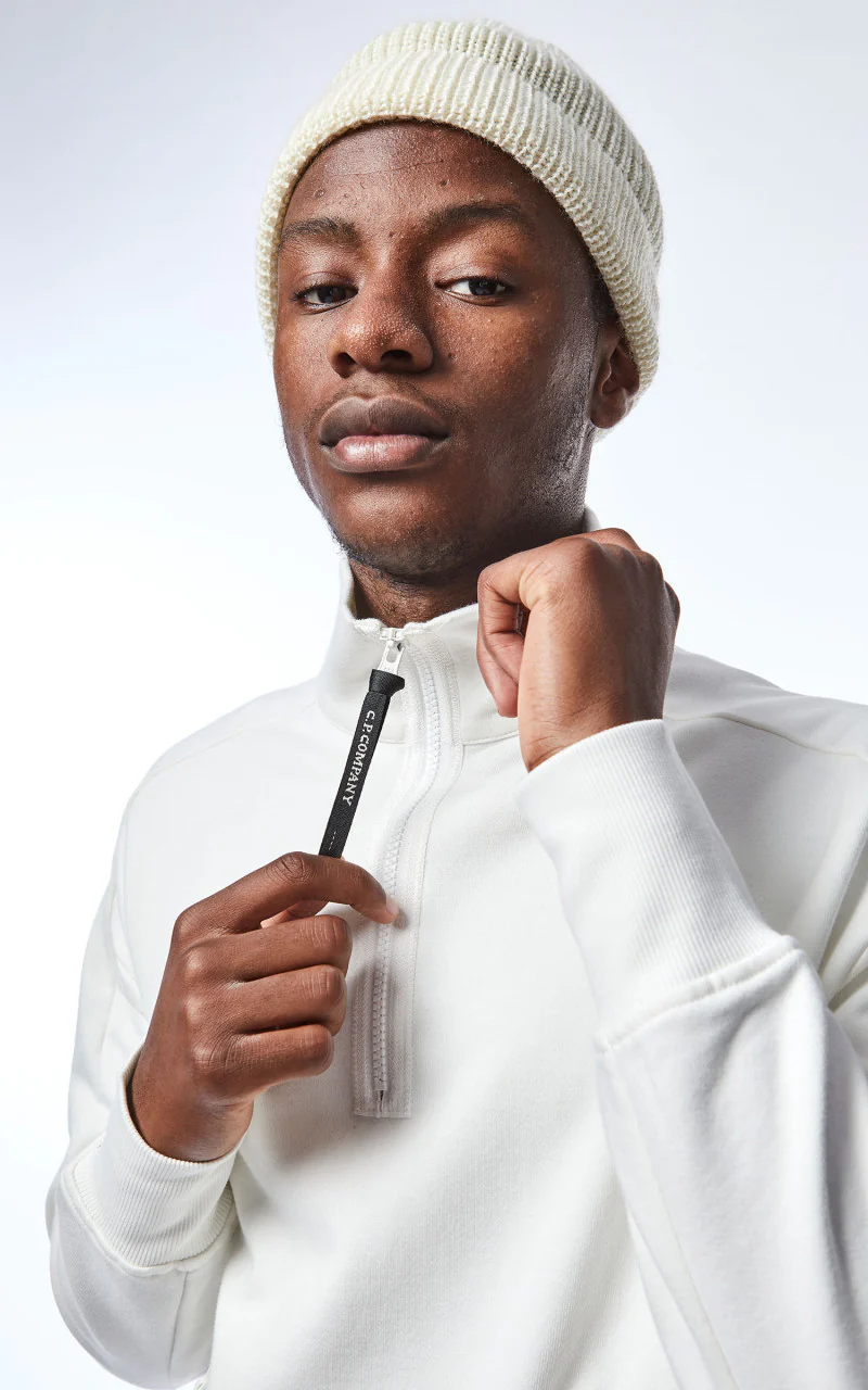C.P. Company Diagonal Raised Fleece Half Zip Jumper Gauze White - Image 8