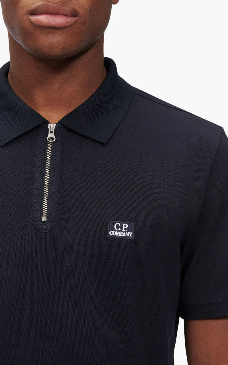 C.P. Company Stretch Piquet Slim Zipped Polo Shirt Total Eclipse - Image 3