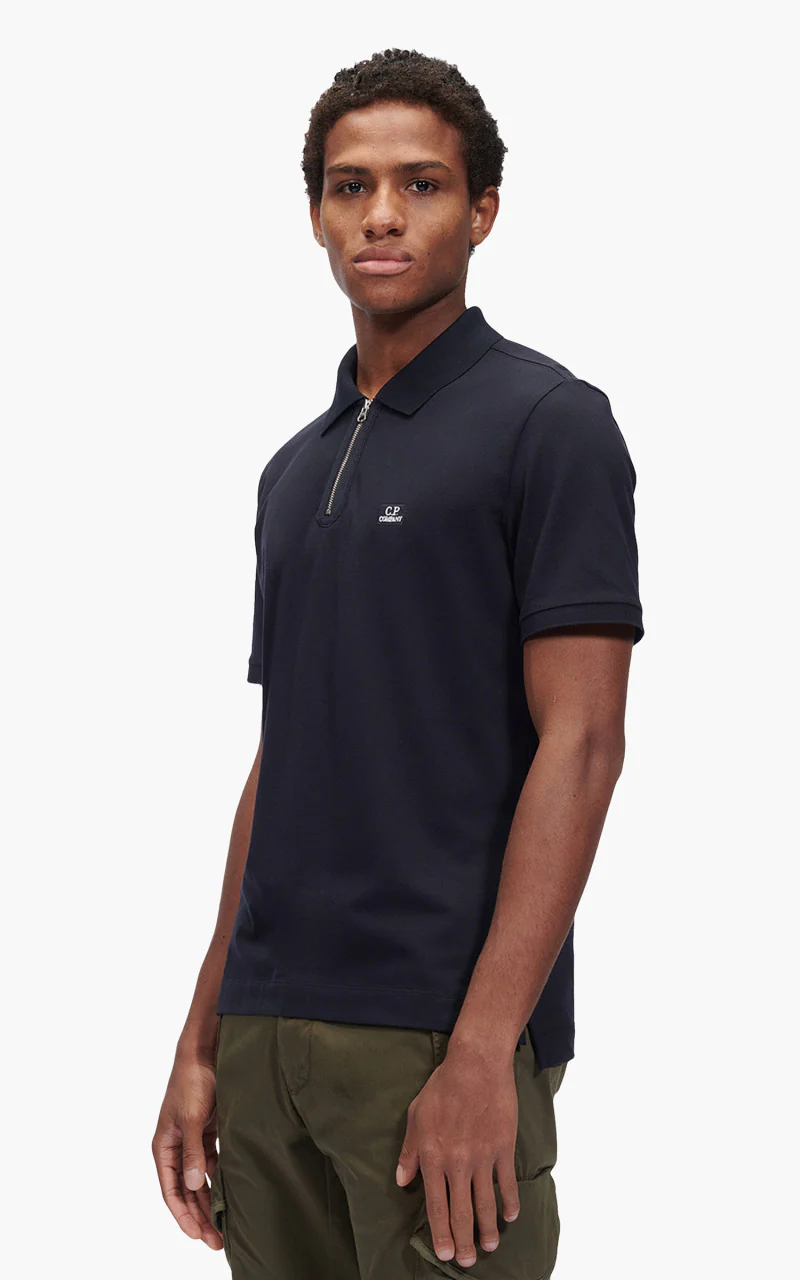 C.P. Company Stretch Piquet Slim Zipped Polo Shirt Total Eclipse - Image 4