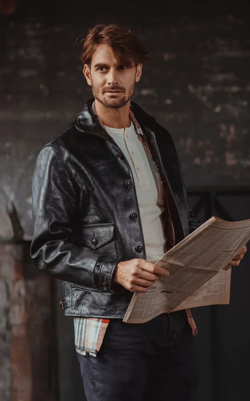 Double Helix Classic 1920s Horsehide Leather Jacket Black - Image 6