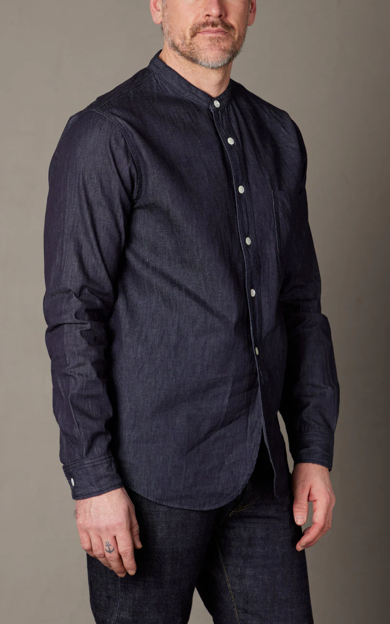 FOB Factory F3470 Denim Band Collar Shirt Washed Blue - Image 4