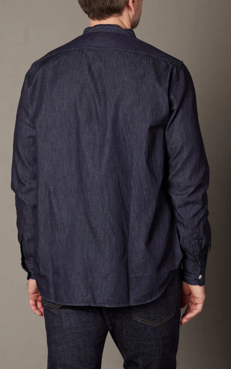 FOB Factory F3470 Denim Band Collar Shirt Washed Blue - Image 5