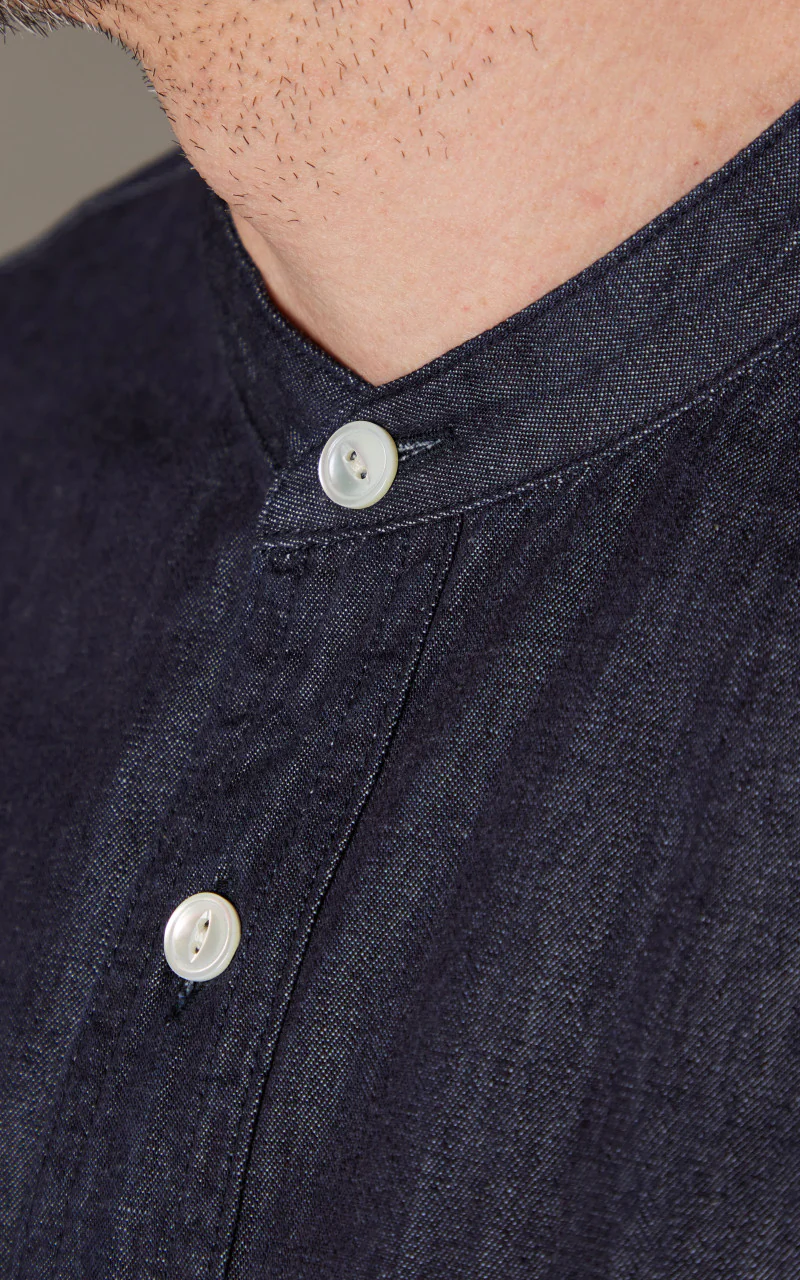 FOB Factory F3470 Denim Band Collar Shirt Washed Blue - Image 6