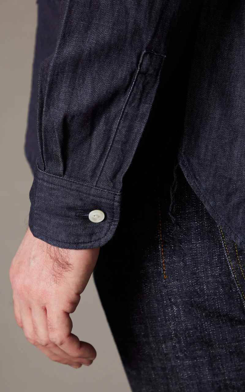FOB Factory F3470 Denim Band Collar Shirt Washed Blue - Image 7