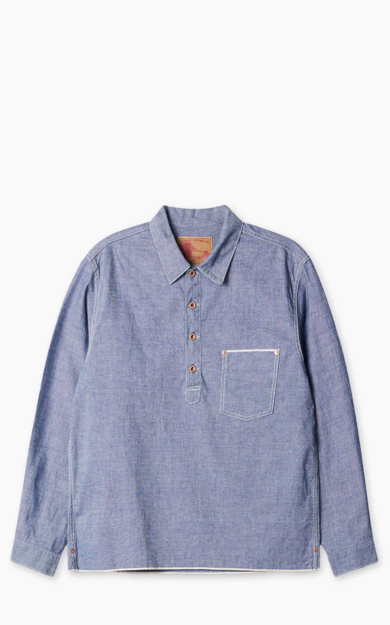 FOB Factory F3487 Chambray Selvedge Pullover Shirt Blue
