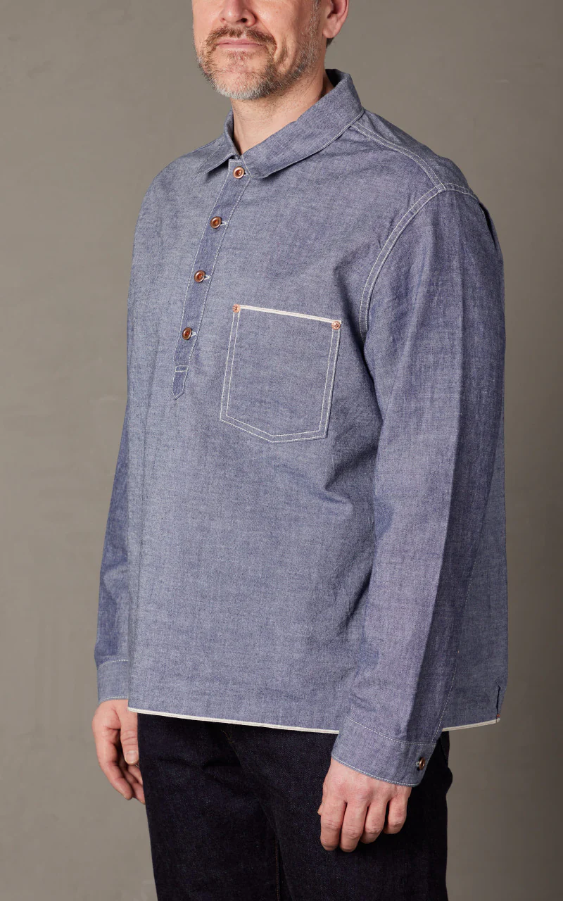 FOB Factory F3487 Chambray Selvedge Pullover Shirt Blue - Image 4