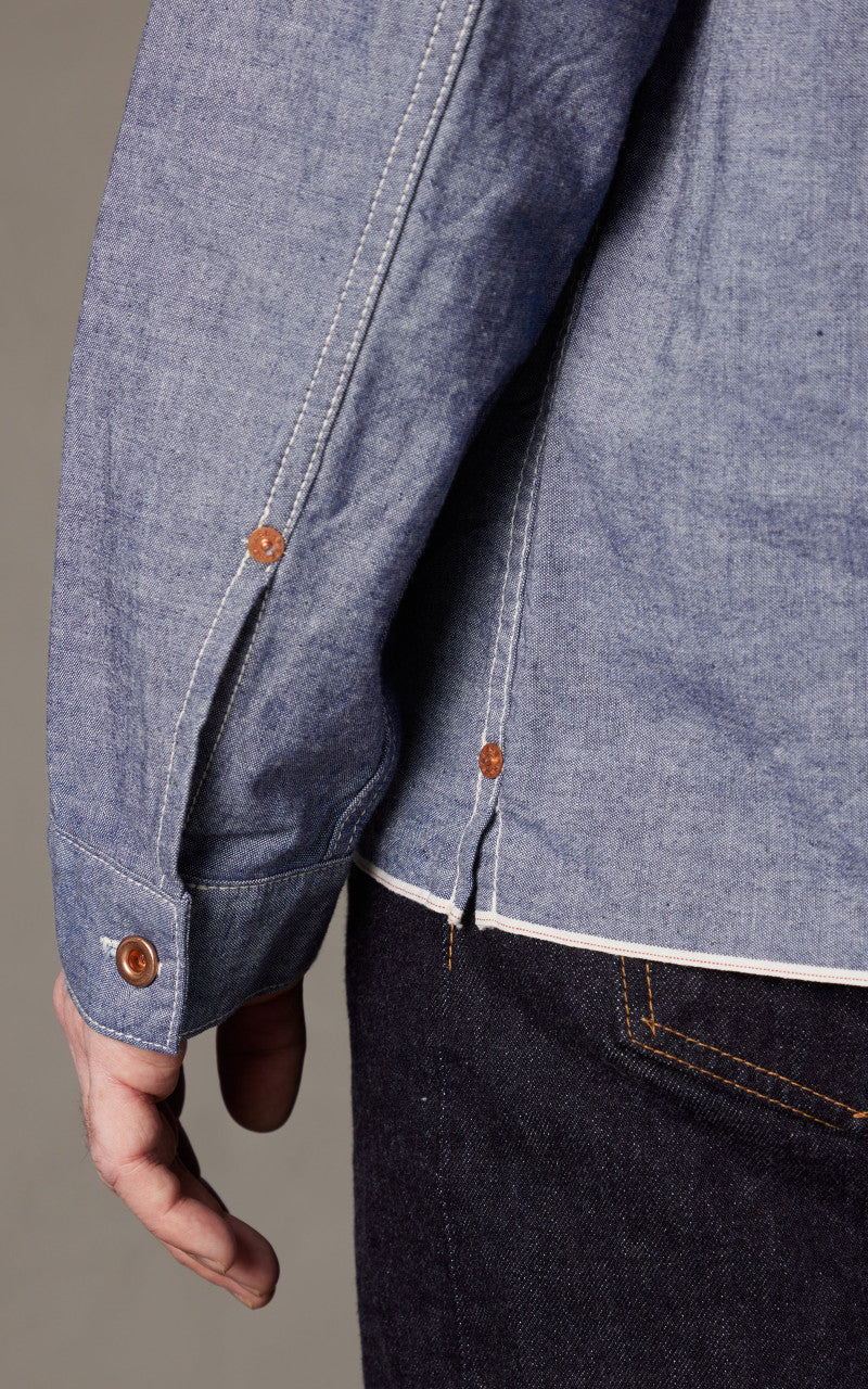 FOB Factory F3487 Chambray Selvedge Pullover Shirt Blue - Image 5