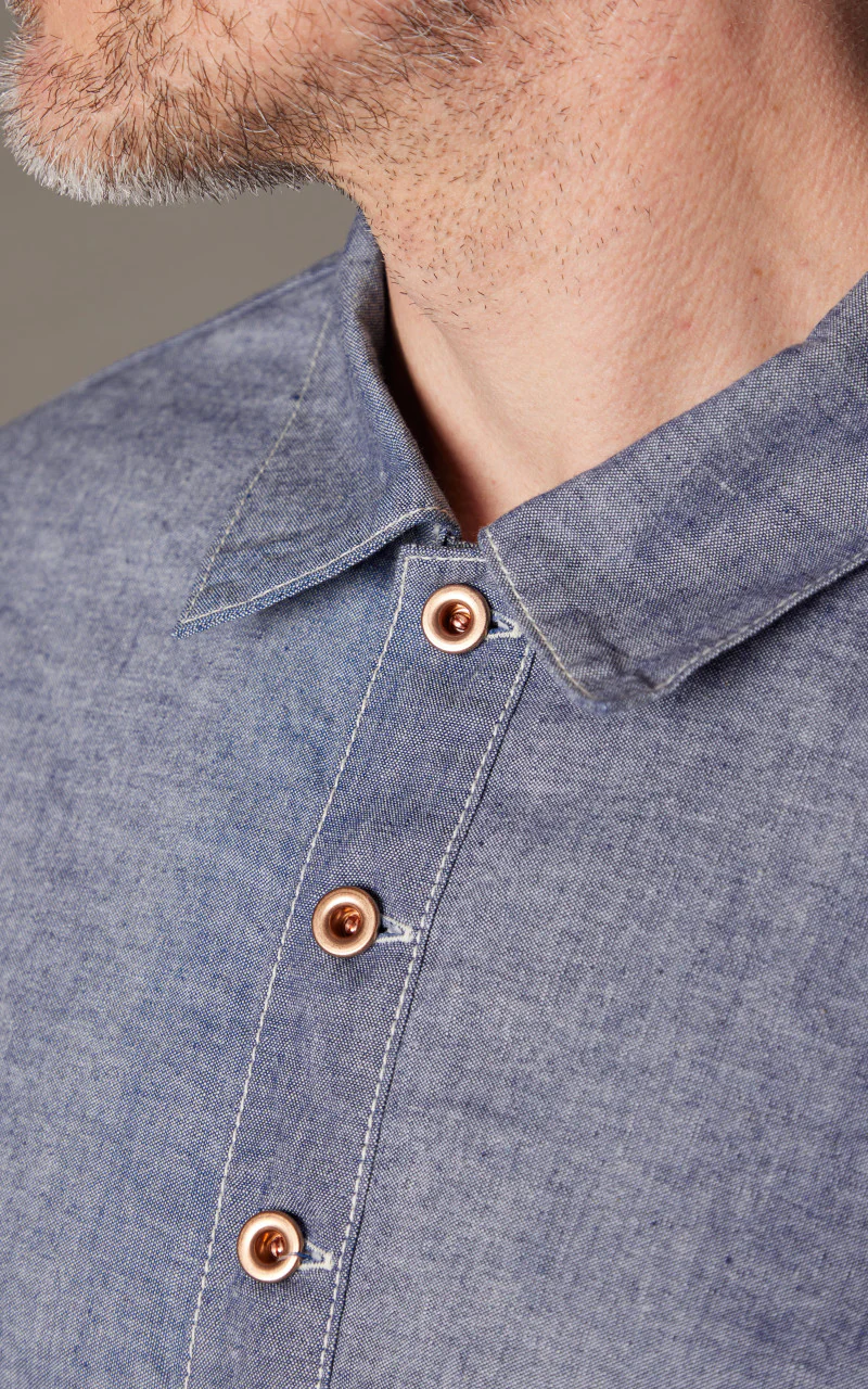FOB Factory F3487 Chambray Selvedge Pullover Shirt Blue - Image 7