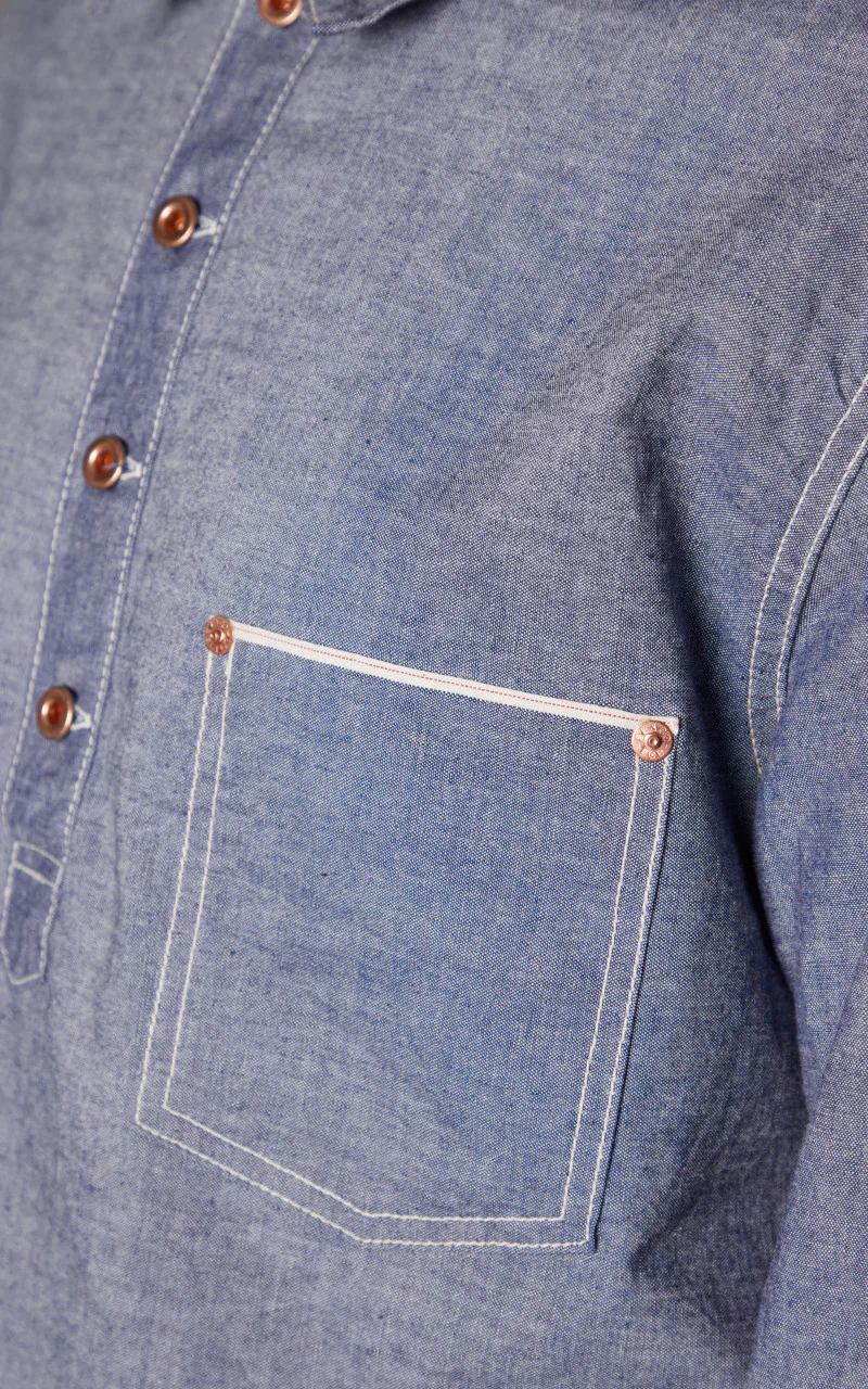 FOB Factory F3487 Chambray Selvedge Pullover Shirt Blue - Image 8