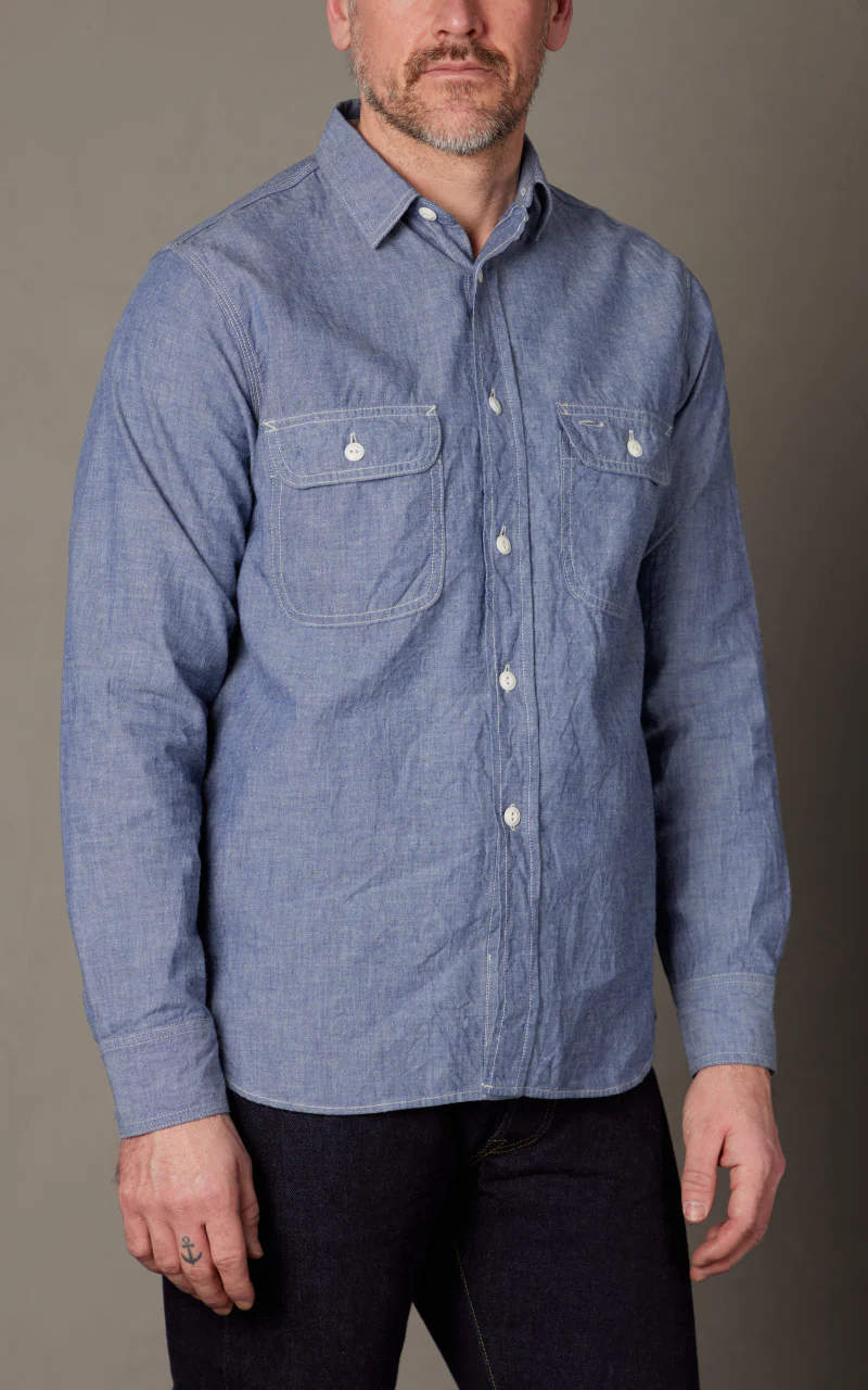 FOB Factory F3494 Chambray Work Shirt Navy - Image 4