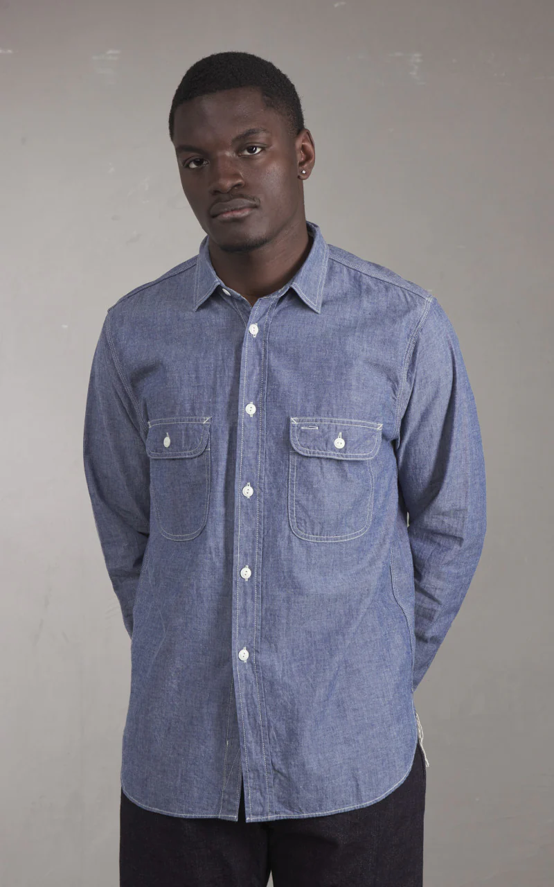 FOB Factory F3494 Selvedge Chambray Work Shirt Blue - Image 4