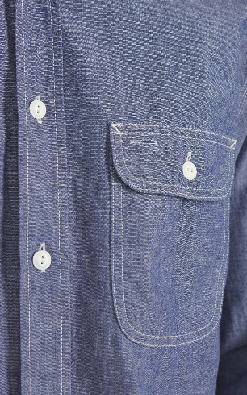 FOB Factory F3494 Selvedge Chambray Work Shirt Blue - Image 5
