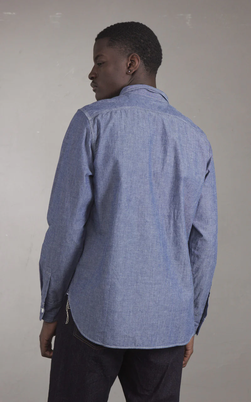 FOB Factory F3494 Selvedge Chambray Work Shirt Blue - Image 6