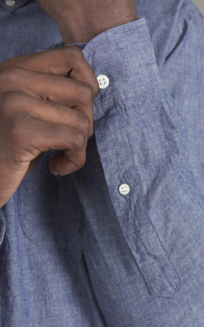 FOB Factory F3501 Selvedge Chambray Button Down Shirt Blue - Image 5