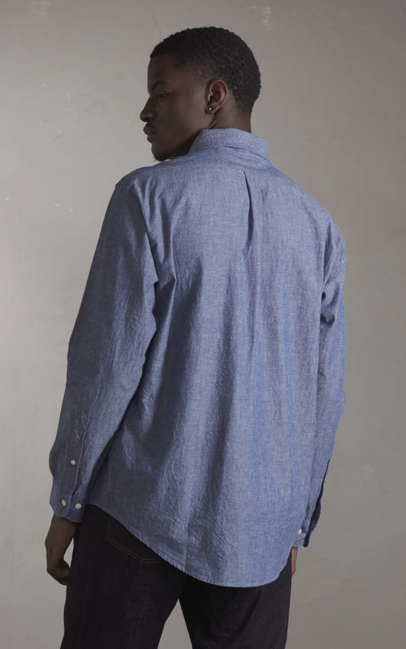 FOB Factory F3501 Selvedge Chambray Button Down Shirt Blue - Image 6