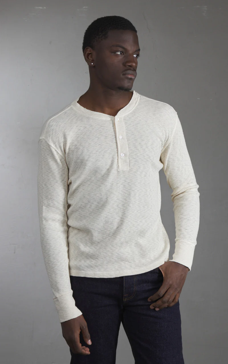 Fortela Amish Waffle Longsleeve Henley Shirt Off White - Image 3