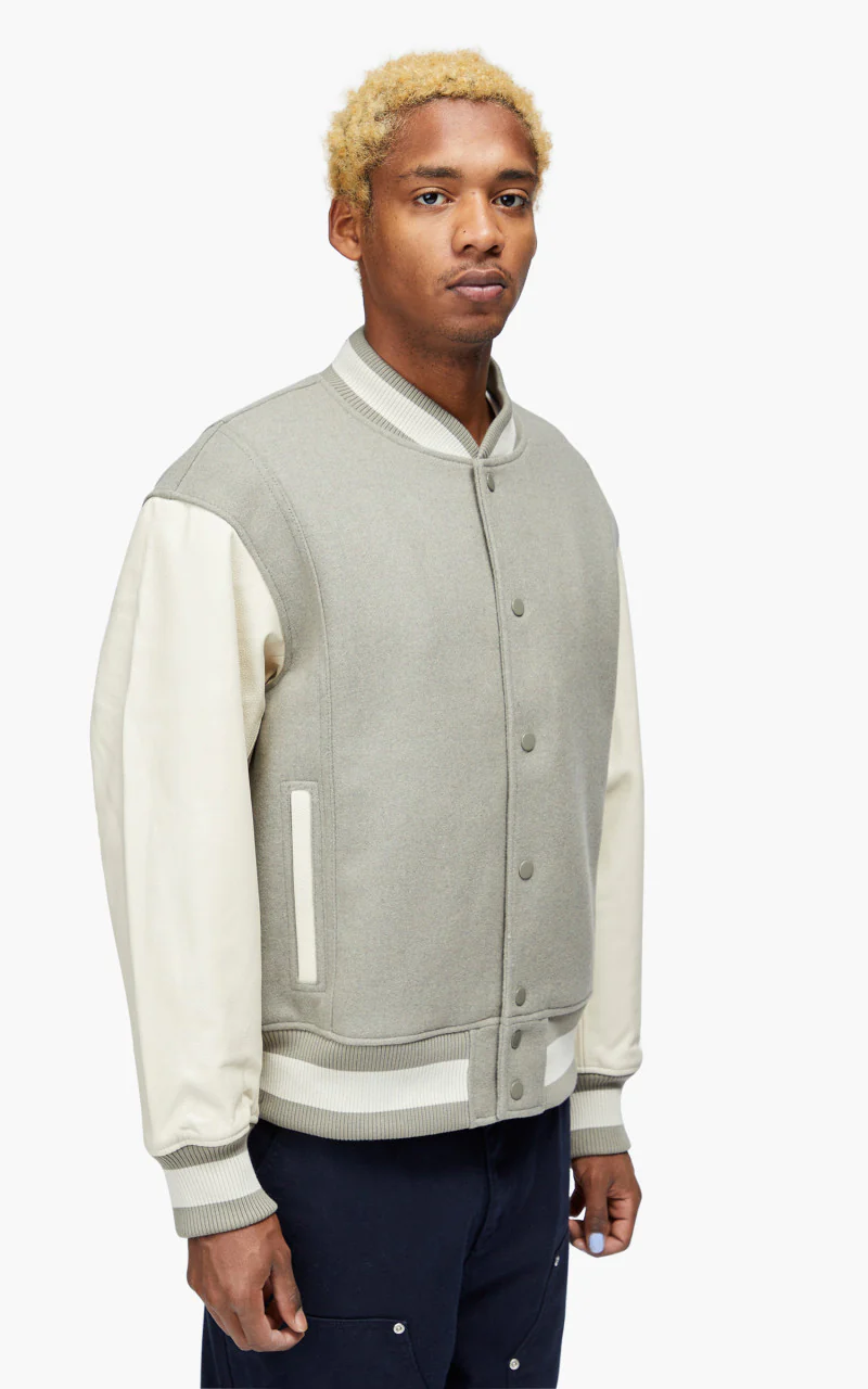 FrizmWORKS Leather Varsity Jacket Light Grey - Image 4