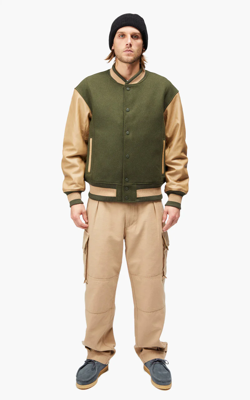 FrizmWORKS Leather Varsity Jacket Olive - Image 10