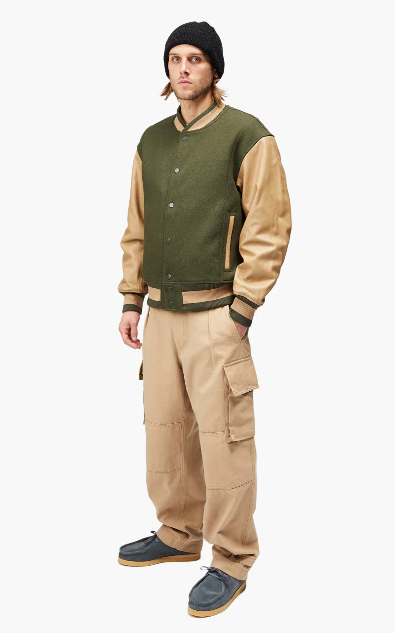 FrizmWORKS Leather Varsity Jacket Olive - Image 2