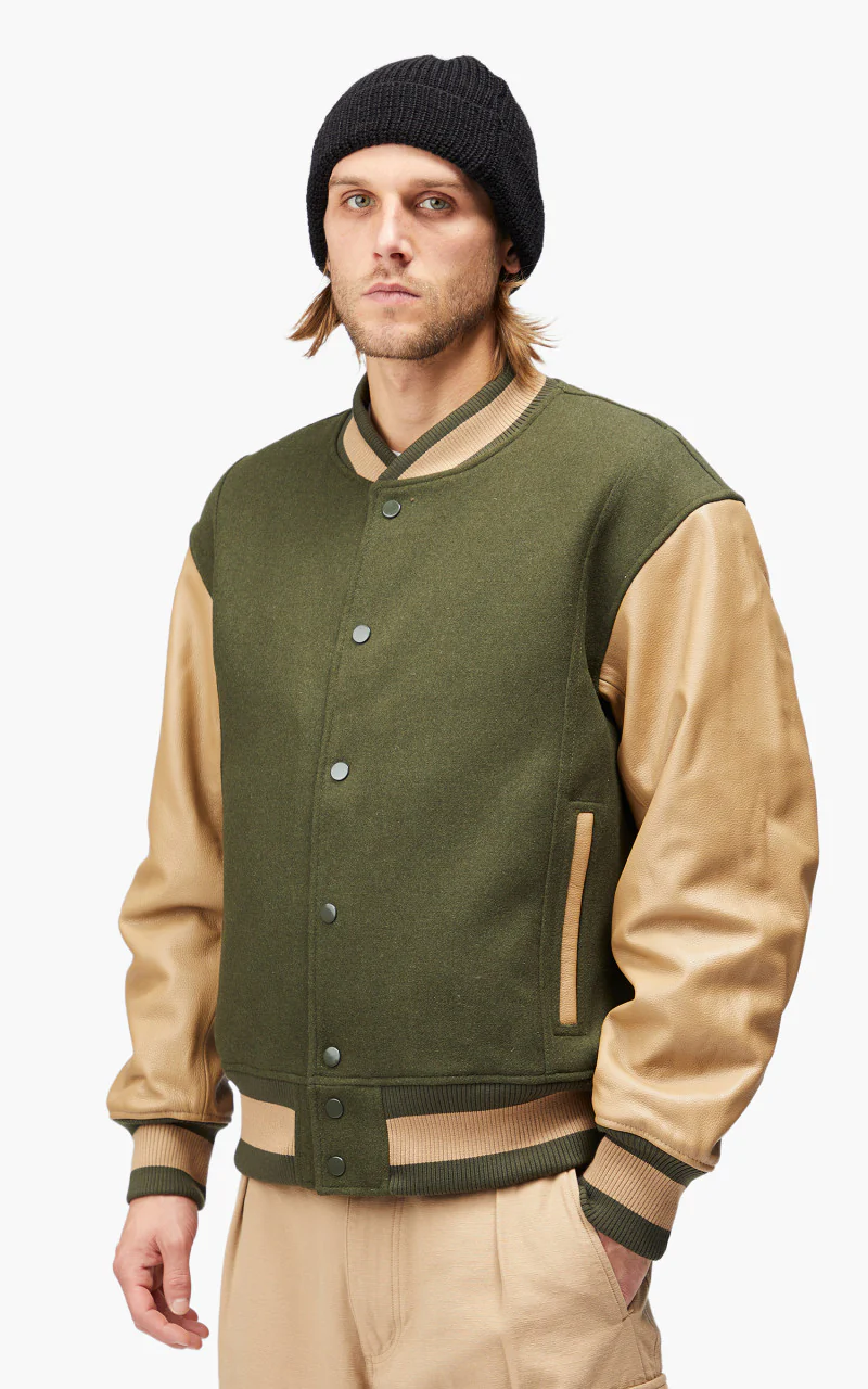 FrizmWORKS Leather Varsity Jacket Olive - Image 3
