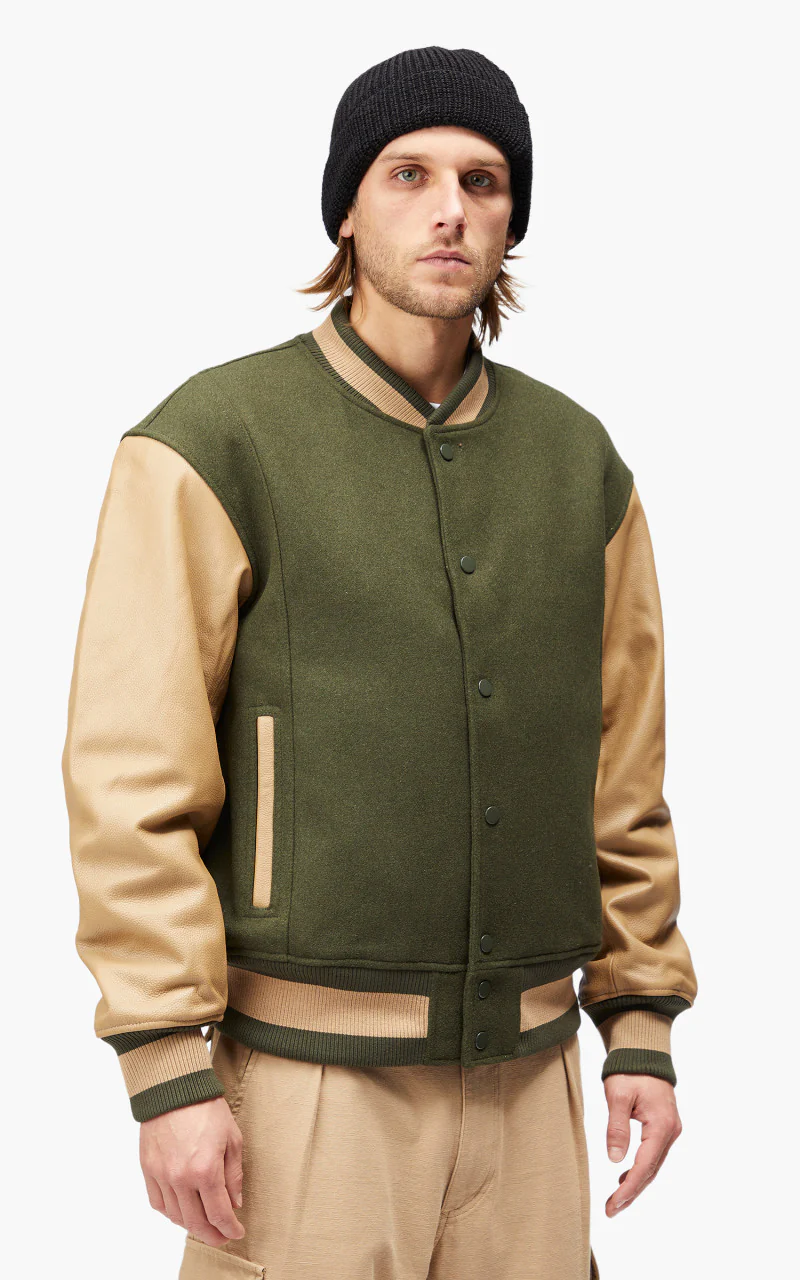 FrizmWORKS Leather Varsity Jacket Olive - Image 4