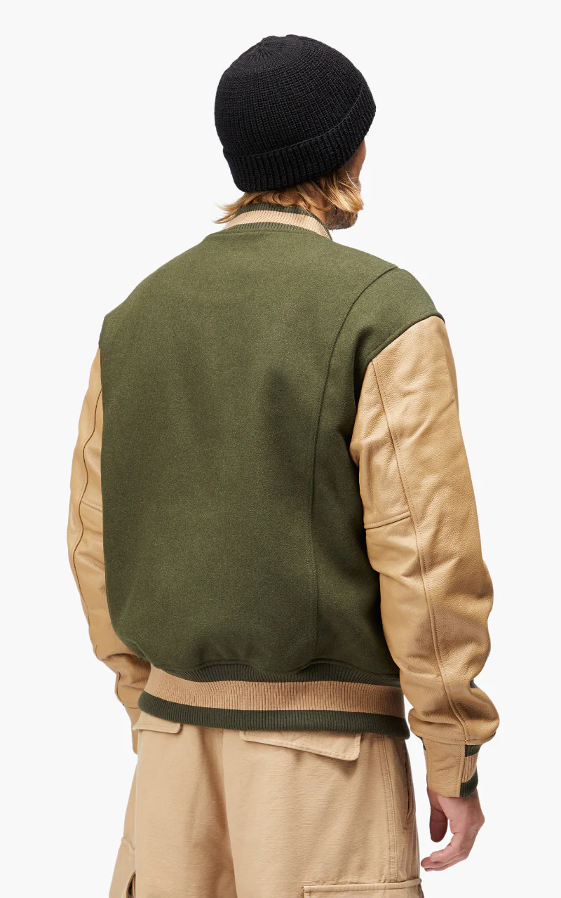 FrizmWORKS Leather Varsity Jacket Olive - Image 5
