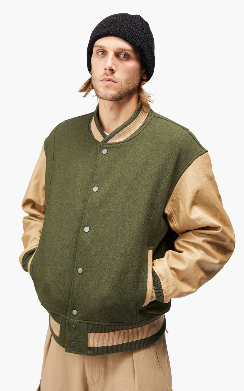 FrizmWORKS Leather Varsity Jacket Olive - Image 7