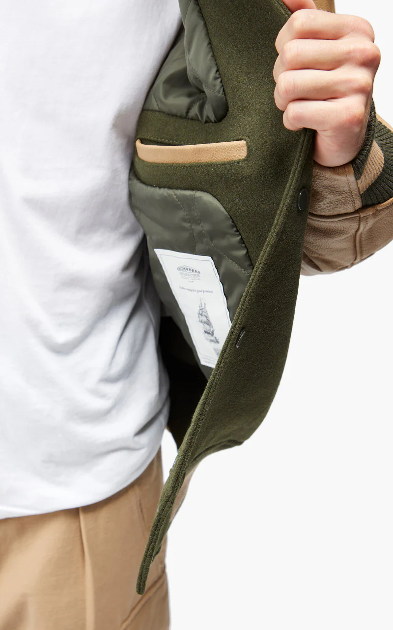 FrizmWORKS Leather Varsity Jacket Olive - Image 8