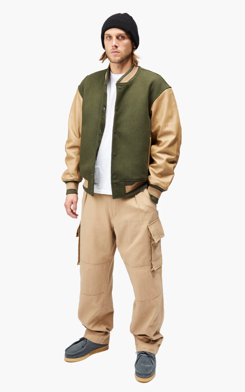 FrizmWORKS Leather Varsity Jacket Olive - Image 9