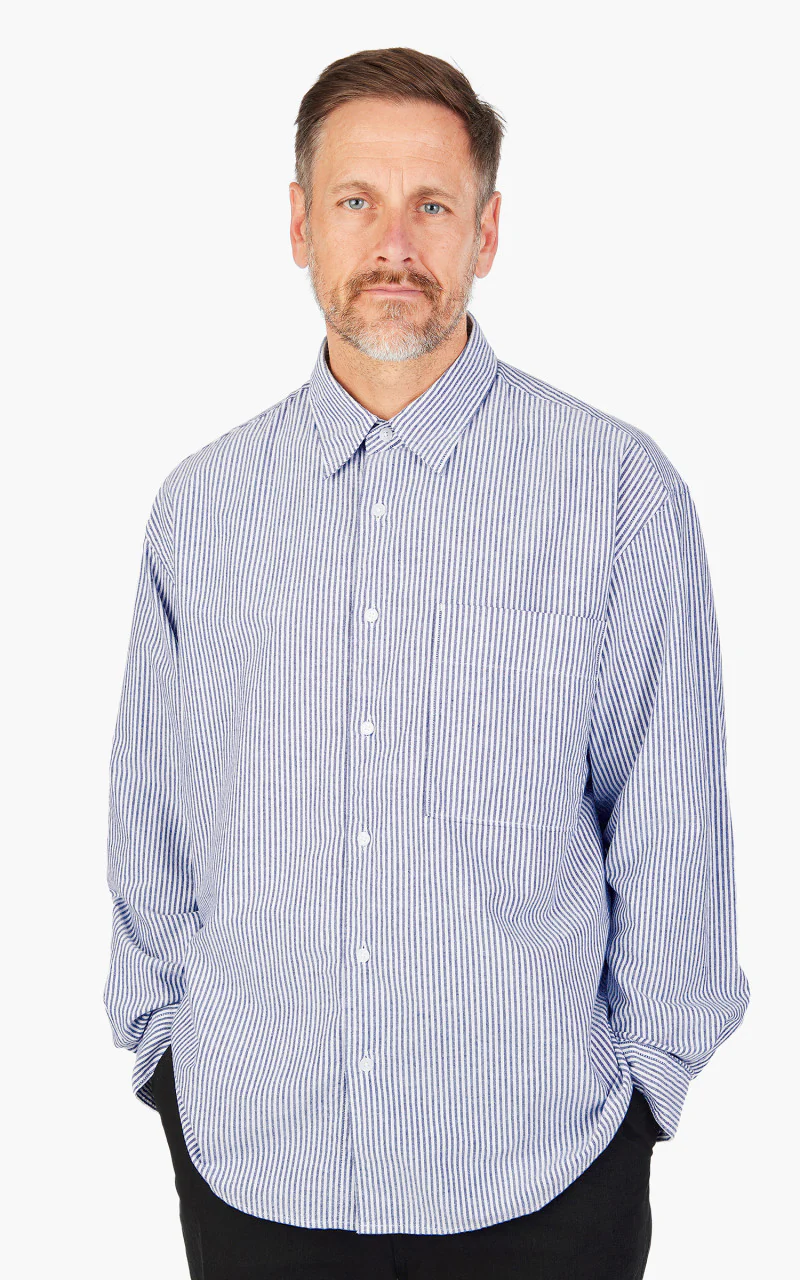 FrizmWORKS Stripe Cotton Relaxed Shirt Blue - Image 4