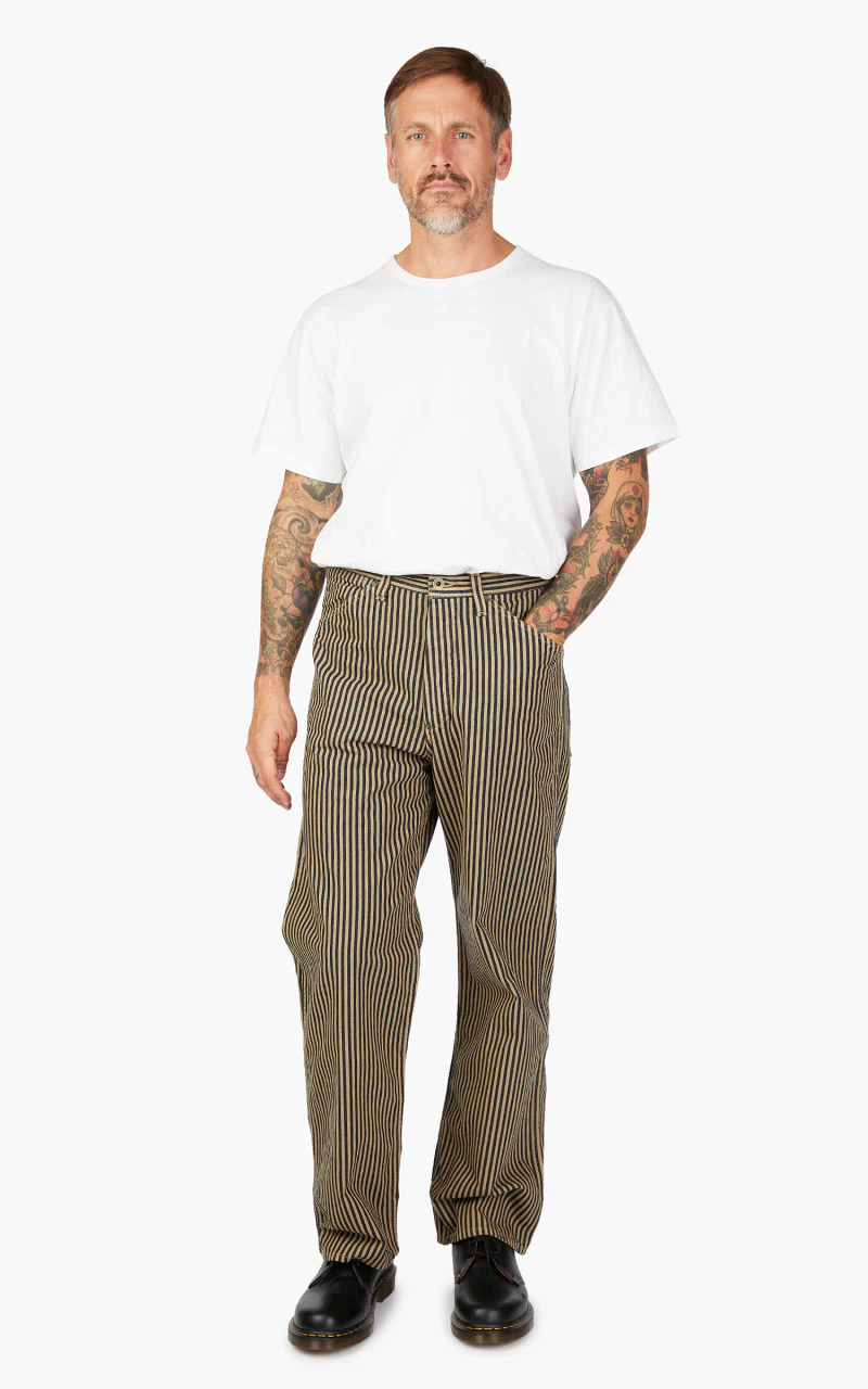 1129-3 Brown Hickory Cinch Back Work Pants Indigo Blue/Brown - Image 2