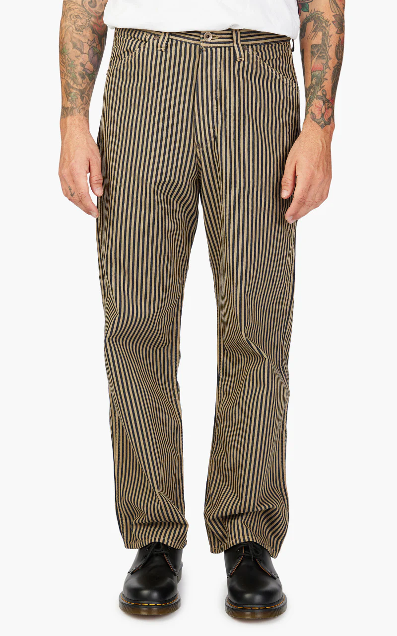 1129-3 Brown Hickory Cinch Back Work Pants Indigo Blue/Brown - Image 4