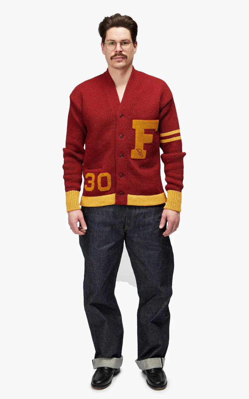 Fullcount 3008 Husk Wool Letterman Cardigan Burgundy "30th Anniversary" - Image 2