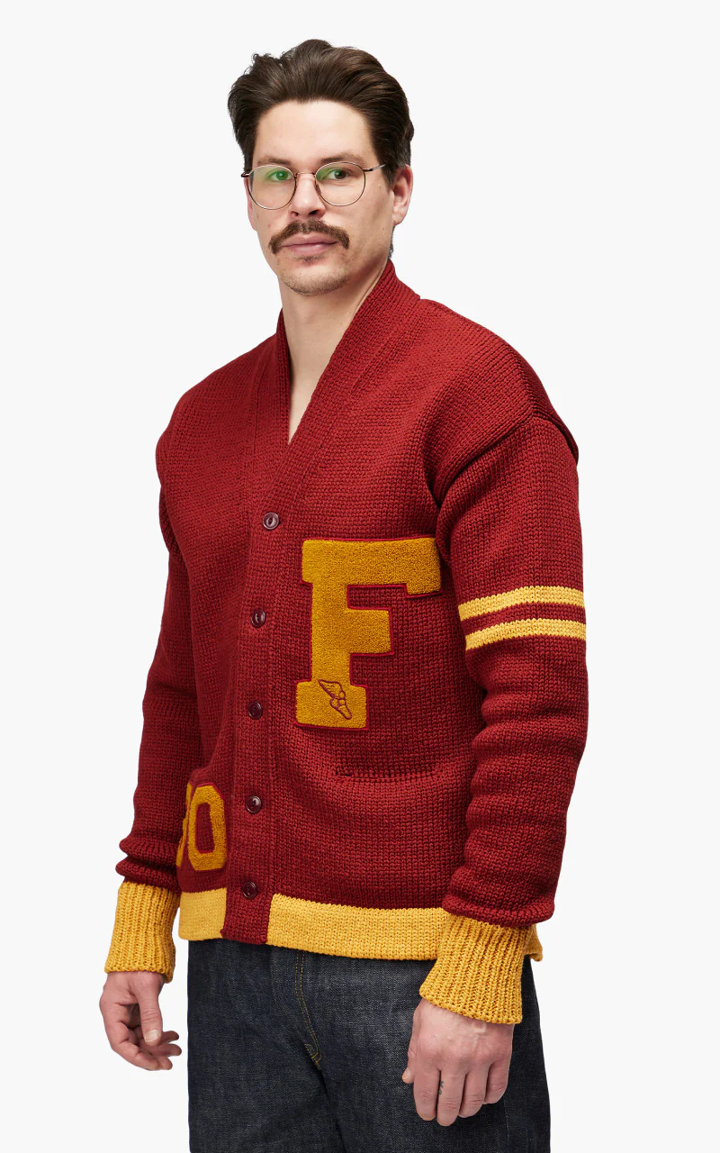 Fullcount 3008 Husk Wool Letterman Cardigan Burgundy "30th Anniversary" - Image 5