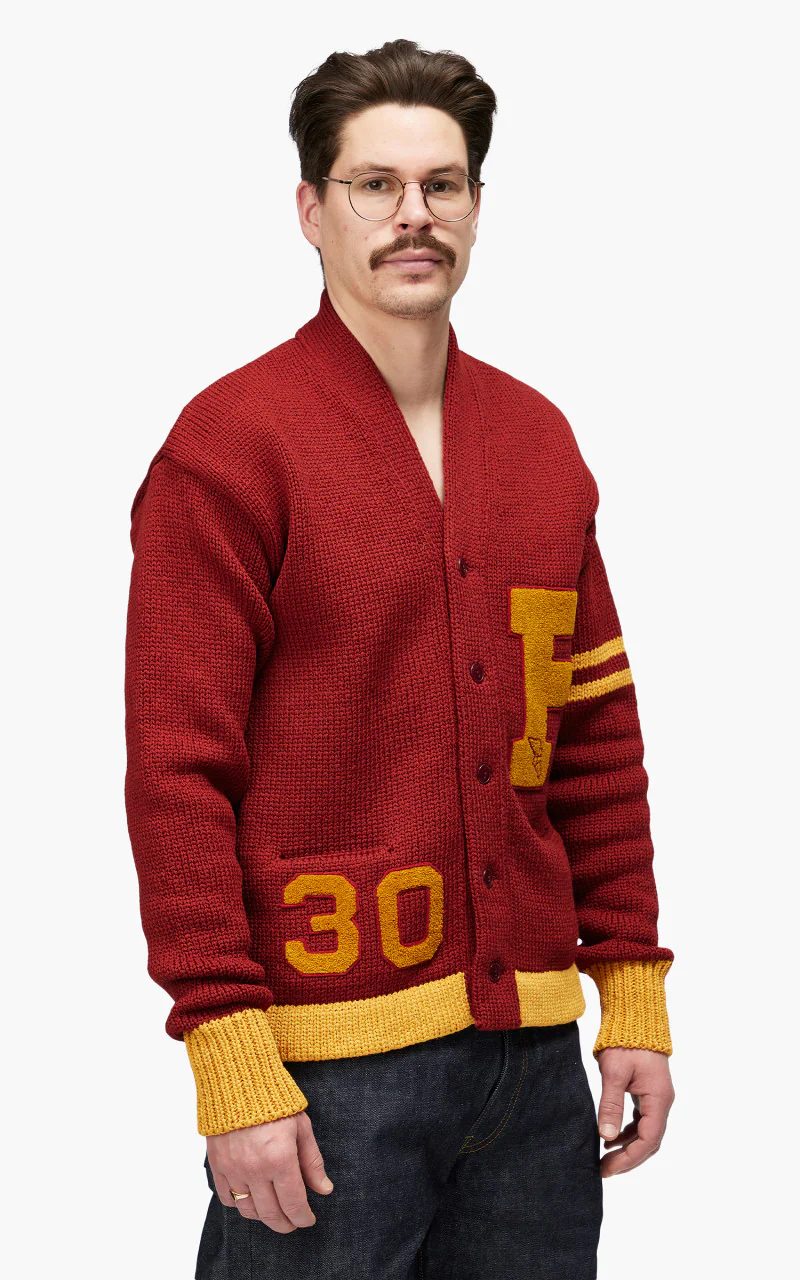Fullcount 3008 Husk Wool Letterman Cardigan Burgundy "30th Anniversary" - Image 7