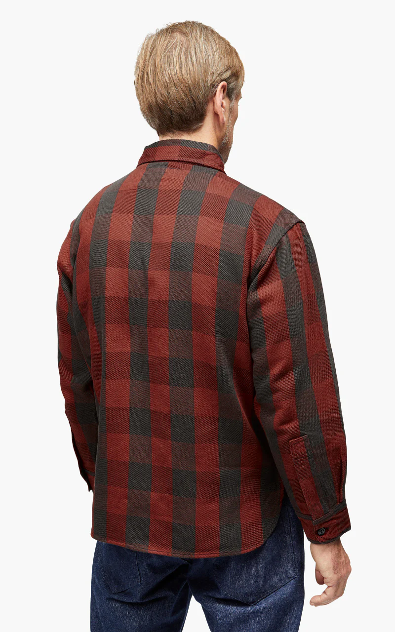 Fullcount 4071 Half Zip Pullover Classic Buffalo Check Shirt Burgundy - Image 5