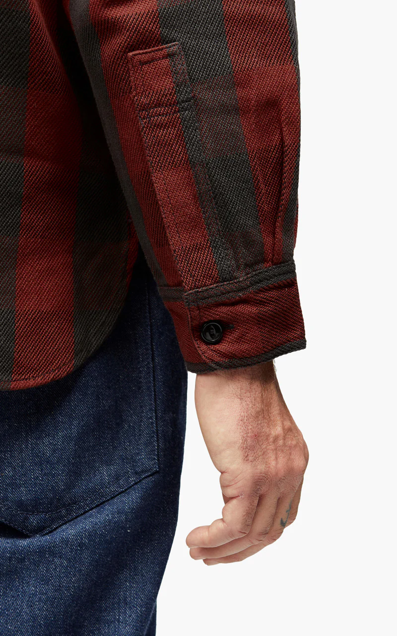 Fullcount 4071 Half Zip Pullover Classic Buffalo Check Shirt Burgundy - Image 6