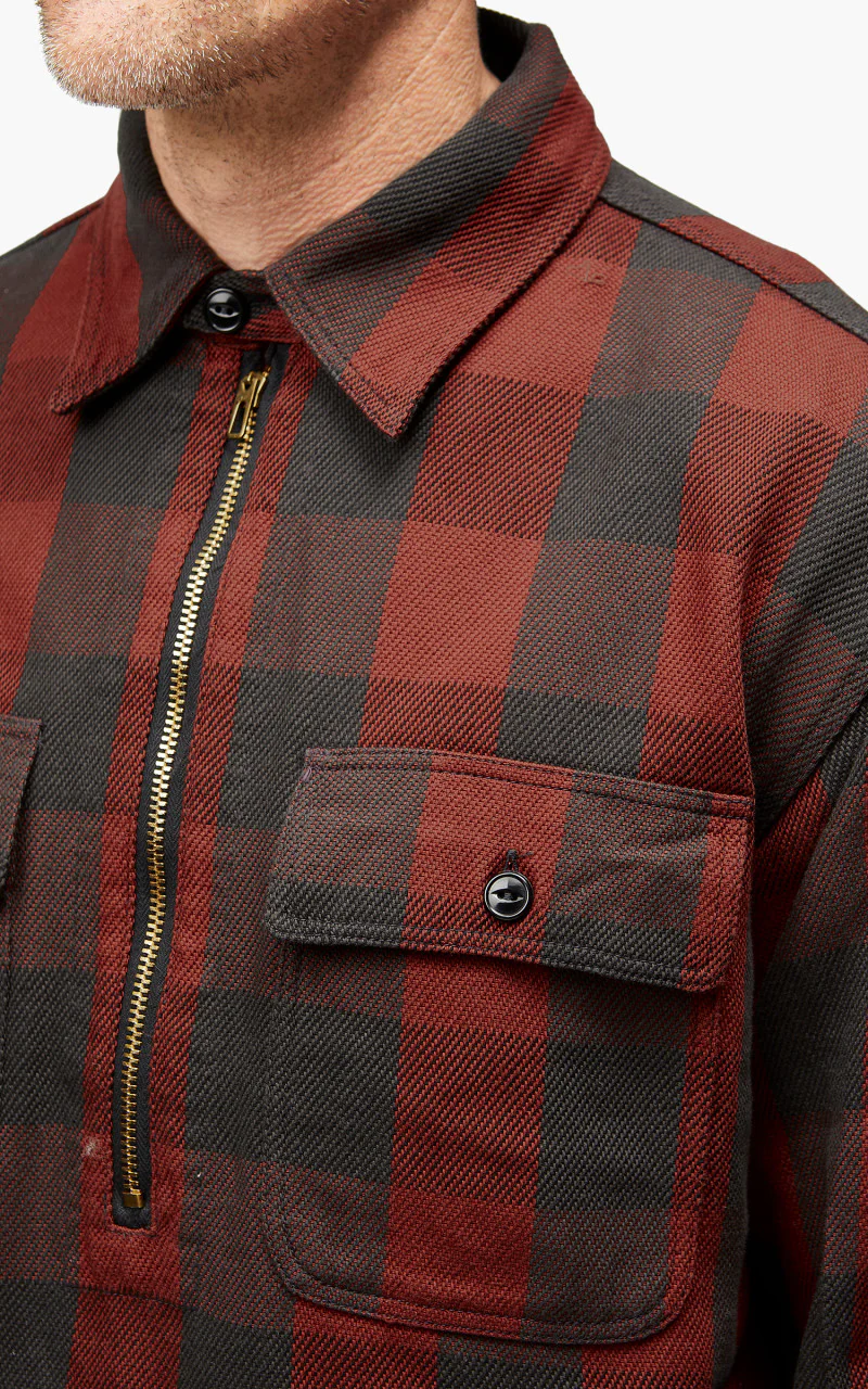 Fullcount 4071 Half Zip Pullover Classic Buffalo Check Shirt Burgundy - Image 7