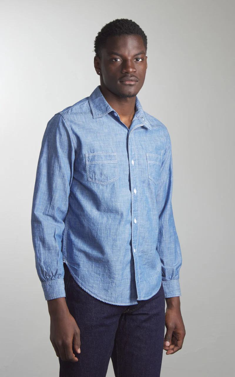 Fullcount 4091 20s Short Chambray Shirt Blue - Image 2