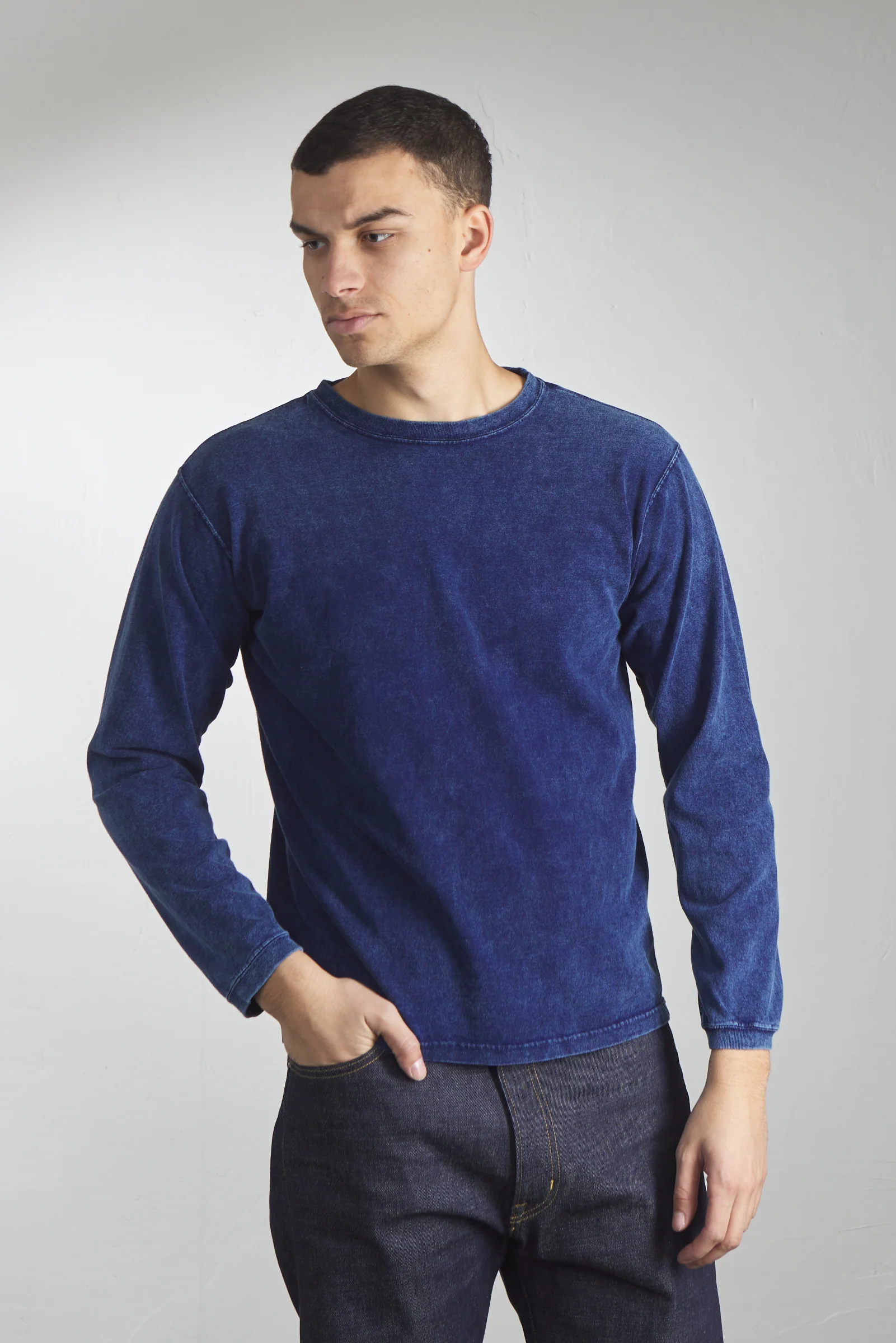 Good On L/S Crew T-Shirt Indigo Shave - Image 4